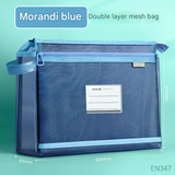 Morandi blue Double Layer Mesh File Bag with Handle Large Capacity Student Subject Organizer
