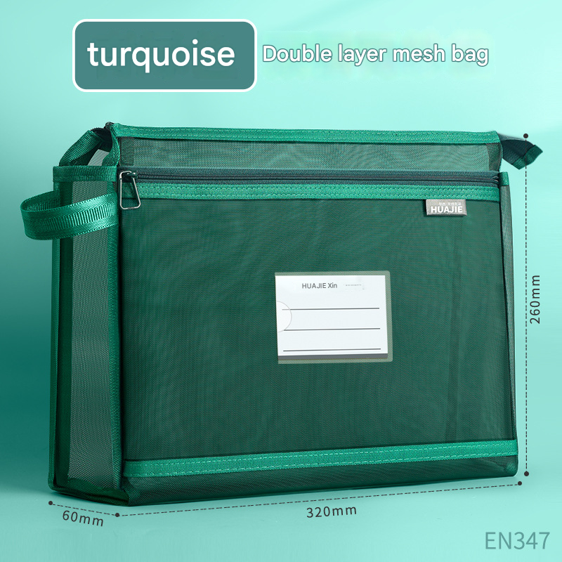 Turquoise Double Layer Mesh File Bag with Handle Large Capacity Student Subject Organizer