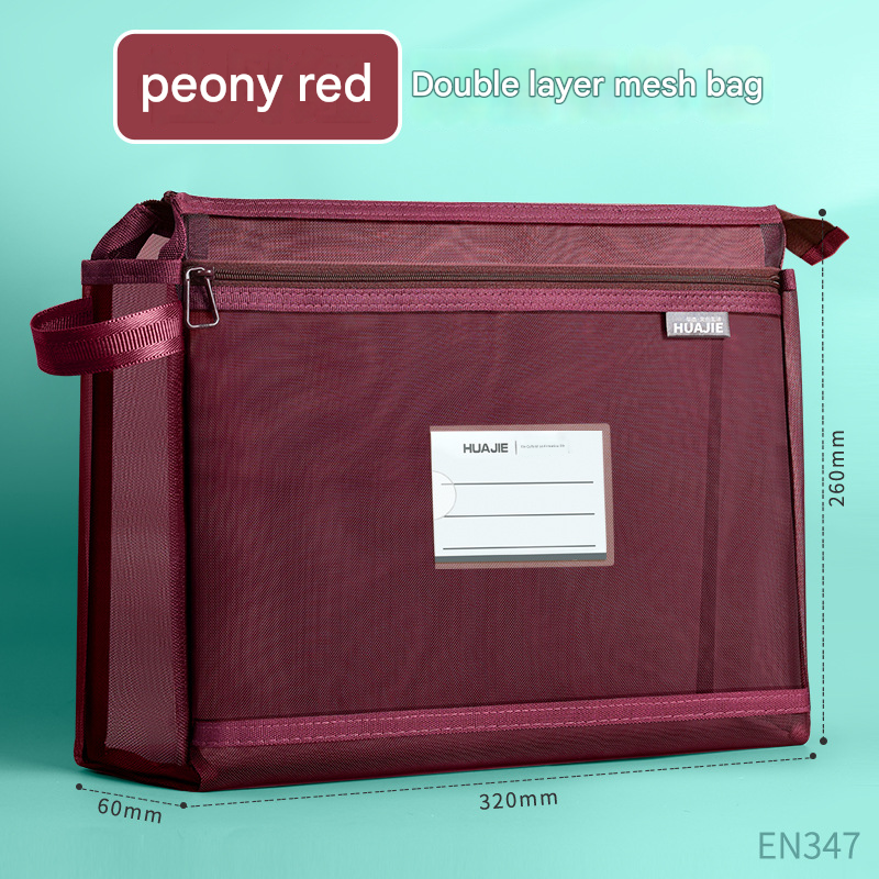 Peony Red Double Layer Mesh File Bag with Handle Large Capacity Student Subject Organizer