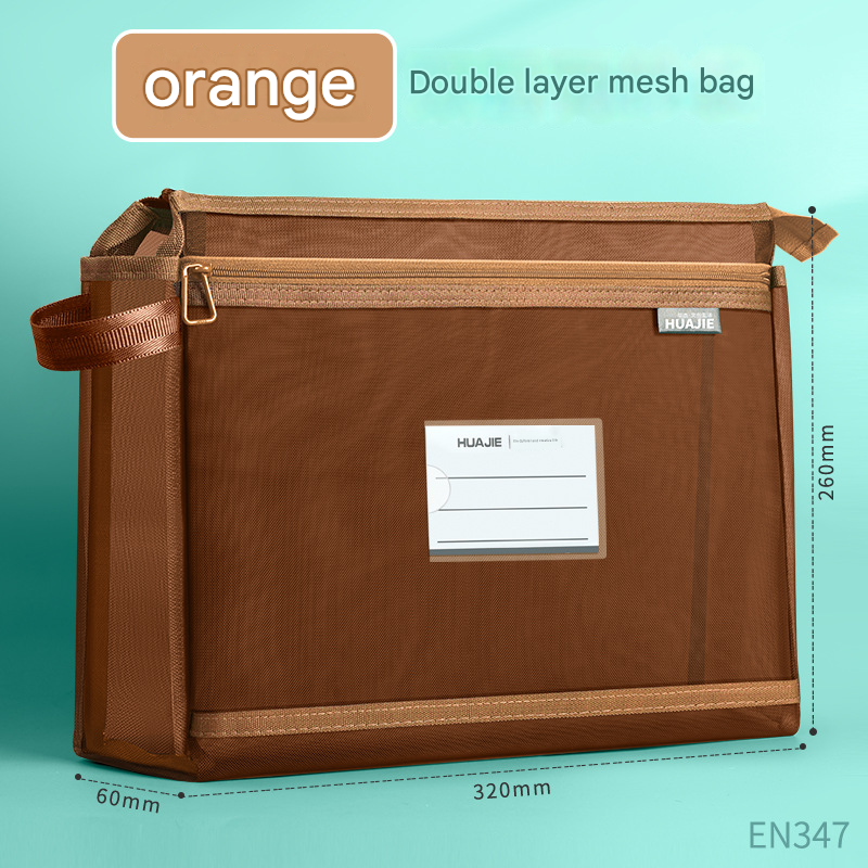Orange Double Layer Mesh File Bag with Handle Large Capacity Student Subject Organizer