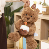 30cm Birthday Cake Teddy Bear Plush Toy - Soft Hugging Pillow with Party Hat(Bear with a Cake) - 45-Degree Angle