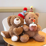 30cm Birthday Cake Teddy Bear Plush Toy - Soft Hugging Pillow with Party Hat(Birthday Hat Bear) - Top-Down View