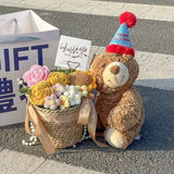 30cm Birthday Cake Teddy Bear Plush Toy - Soft Hugging Pillow with Party Hat(Birthday Hat Bear) - 45-Degree Angle