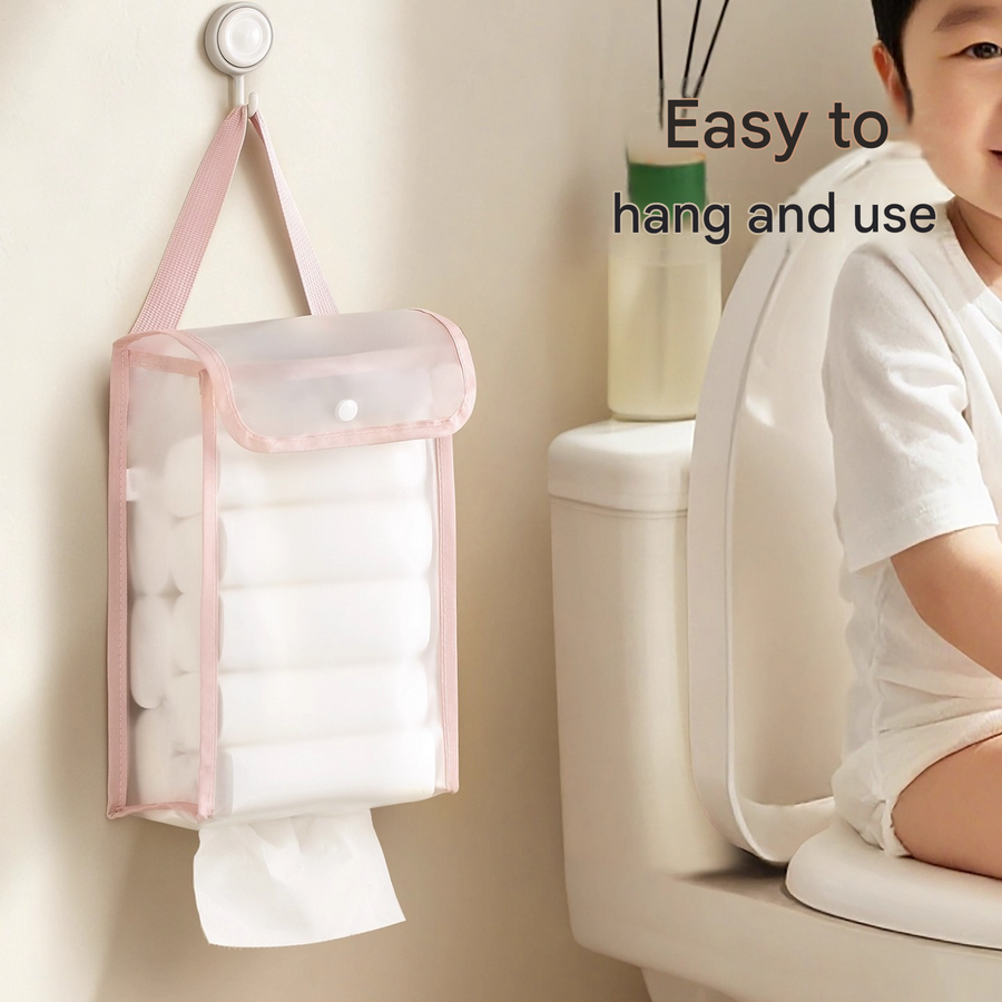 3 PCS White Wall Mounted Transparent Tissue Storage Bag Waterproof Hanging Holder with Adhesive Hook