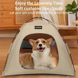 Khaki All-Weather Portable Pet Tent with Dual-Sided Cushion & Insect-Proof Mesh – S Size 40 x 40 x 35 cm, Waterproof & Sun-Proof Outdoor Four Corner Dome Kennel for Dogs & Cats Travel Camping - Side View
