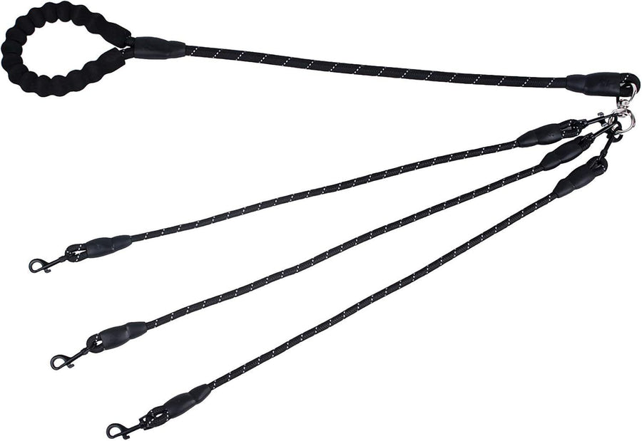 Black 3-in-1 No-Tangle Dog Leash for 1-3 Small Large Dogs – Heavy Duty 360° Swivel Bungee Coupler with Reflective Nylon Braid & Padded Handle