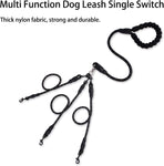 Black 3-in-1 No-Tangle Dog Leash for 1-3 Small Large Dogs – Heavy Duty 360° Swivel Bungee Coupler with Reflective Nylon Braid & Padded Handle
