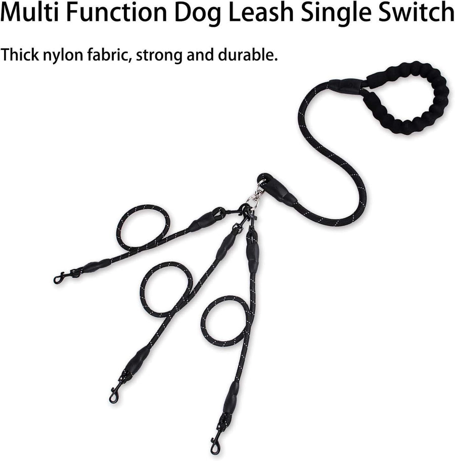 Red 3-in-1 No-Tangle Dog Leash for 1-3 Small Large Dogs – Heavy Duty 360° Swivel Bungee Coupler with Reflective Nylon Braid & Padded Handle