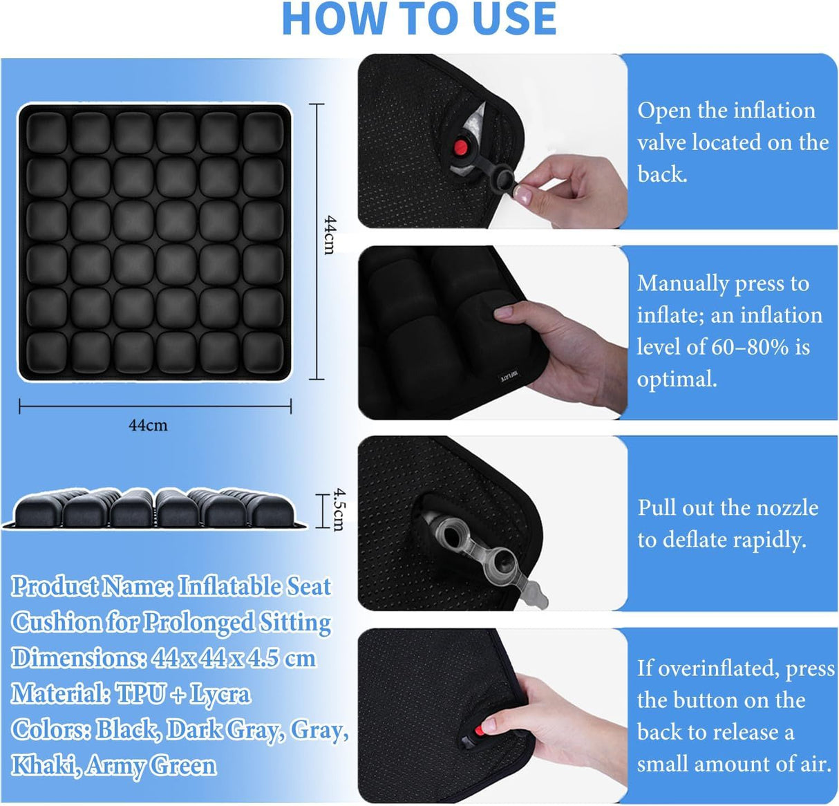 Black Portable 3D Aircell Travel Inflatable Seat Cushion with Built-in Pump – 36 Airbags Ergonomic Pressure Relief Pad with Lycra Cover & Non-Slip Base for Office Car Flight Long Sitting