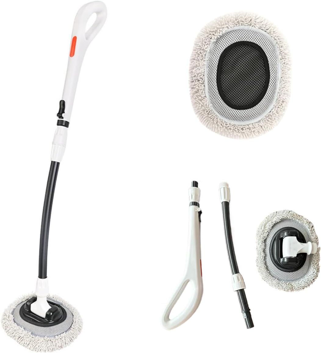 Professional Telescopic(55-120cm) Car Microfiber Wash Mop with 2 Brush Cover - 90° Rotating Detachable Brush Head, 15° Ergonomic Curved Rod & Handle - Durable Aluminum Alloy Chenille Brush for Car, Home and Window Cleaning
