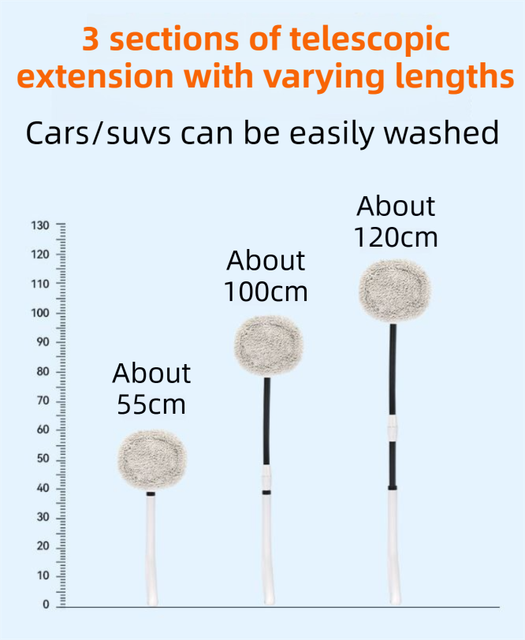 Professional Telescopic(55-120cm) Car Microfiber Wash Mop with 2 Brush Cover - 90° Rotating Detachable Brush Head, 15° Ergonomic Curved Rod & Handle - Durable Aluminum Alloy Chenille Brush for Car, Home and Window Cleaning