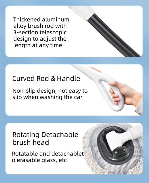 Professional Telescopic(55-120cm) Car Microfiber Wash Mop with 2 Brush Cover - 90° Rotating Detachable Brush Head, 15° Ergonomic Curved Rod & Handle - Durable Aluminum Alloy Chenille Brush for Car, Home and Window Cleaning