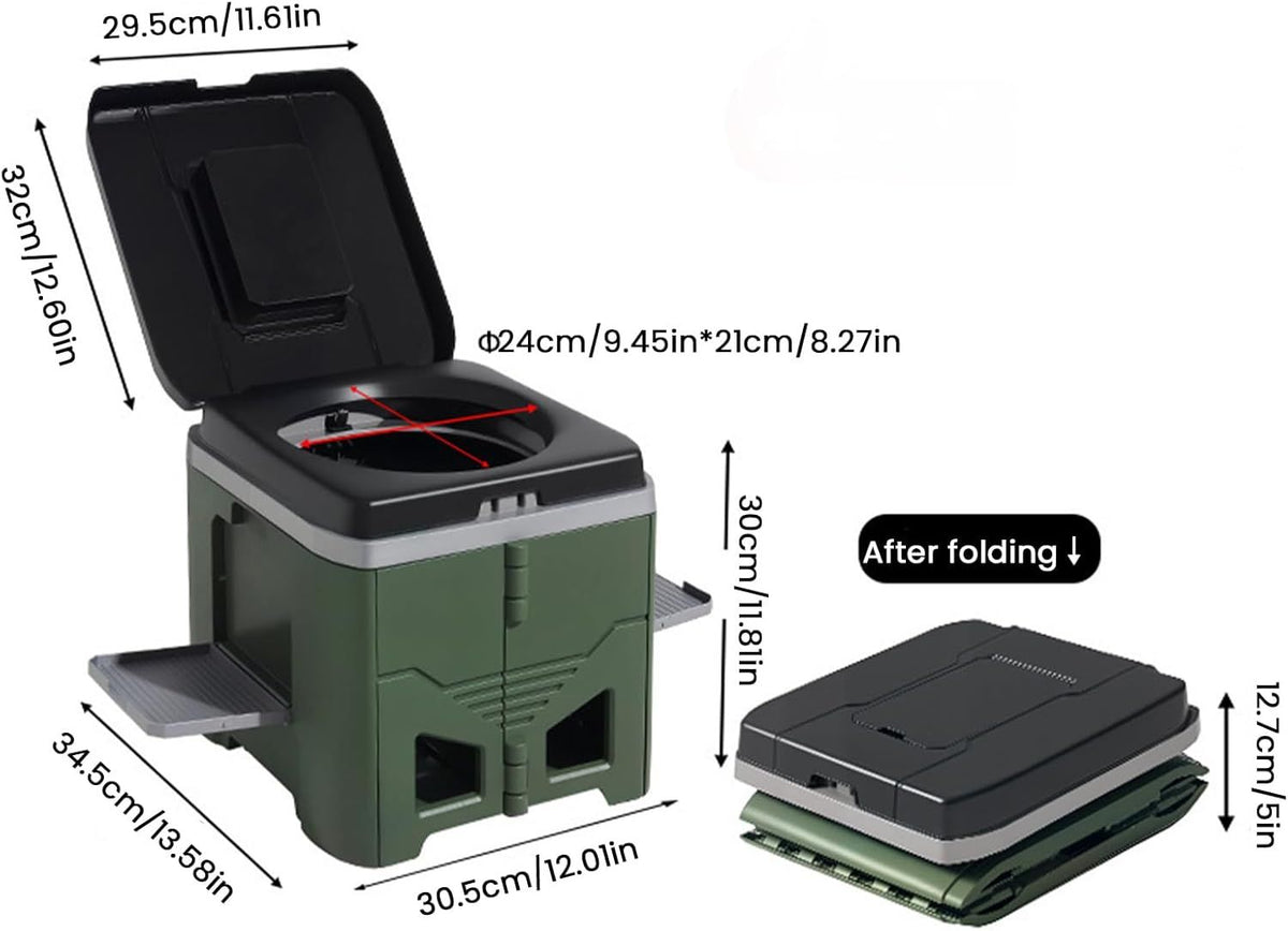 Portable Travel Toilet with Integrated Dual Storage Wings & Odor-Proof Lid – Ergonomic Reusable Foldable Commode with 12.7cm Folding Height for Car Travel & Outdoor Use (Black Green)