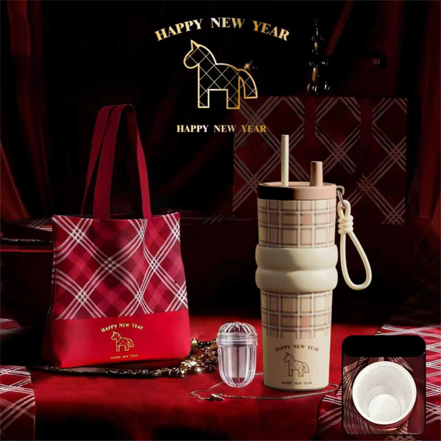 Beige British Equestrian Plaid 710ML Insulated Travel Mug with Dual-Drink Lid, Straw & Straw Cap - Ceramic Liner Car Coffee Tumbler with Tea Water Separator Ball and Matching Protective Sleeve (Delux Gift Box)