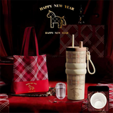 Beige British Equestrian Plaid 710ML Insulated Travel Mug with Dual-Drink Lid, Straw & Straw Cap - Ceramic Liner Car Coffee Tumbler with Tea Water Separator Ball and Matching Protective Sleeve (Delux Gift Box)