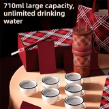 Beige British Equestrian Plaid 710ML Insulated Travel Mug with Dual-Drink Lid, Straw & Straw Cap - Ceramic Liner Car Coffee Tumbler with Tea Water Separator Ball and Matching Protective Sleeve (Delux Gift Box)