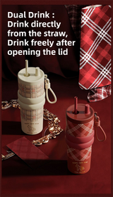 Beige British Equestrian Plaid 710ML Insulated Travel Mug with Dual-Drink Lid, Straw & Straw Cap - Ceramic Liner Car Coffee Tumbler with Tea Water Separator Ball and Matching Protective Sleeve (Delux Gift Box) - Top-Down View