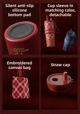 Beige British Equestrian Plaid 710ML Insulated Travel Mug with Dual-Drink Lid, Straw & Straw Cap - Ceramic Liner Car Coffee Tumbler with Tea Water Separator Ball and Matching Protective Sleeve (Delux Gift Box) - 45-Degree Angle