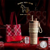 Beige British Equestrian Plaid 710ML Insulated Travel Mug with Dual-Drink Lid, Straw & Straw Cap - 316 Stainless Steel Car Coffee Tumbler with Tea Water Separator Ball and Matching Protective Sleeve (Delux Gift Box)