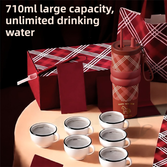 Beige British Equestrian Plaid 710ML Insulated Travel Mug with Dual-Drink Lid, Straw & Straw Cap - 316 Stainless Steel Car Coffee Tumbler with Tea Water Separator Ball and Matching Protective Sleeve (Delux Gift Box)