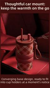 Beige British Equestrian Plaid 710ML Insulated Travel Mug with Dual-Drink Lid, Straw & Straw Cap - 316 Stainless Steel Car Coffee Tumbler with Tea Water Separator Ball and Matching Protective Sleeve (Delux Gift Box)