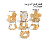 7-Piece Gold Liquid Lava Flower Stacking Open Rings Set with Imitation Pearls & Geometric Dripping Oil - Hollow Joint Knuckle Ring for Women
