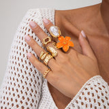 7-Piece Orange Liquid Lava Flower Stacking Open Rings Set with Imitation Pearls & Geometric Dripping Oil - Hollow Joint Knuckle Ring for Women