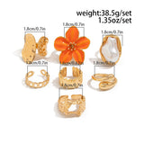 7-Piece Orange Liquid Lava Flower Stacking Open Rings Set with Imitation Pearls & Geometric Dripping Oil - Hollow Joint Knuckle Ring for Women