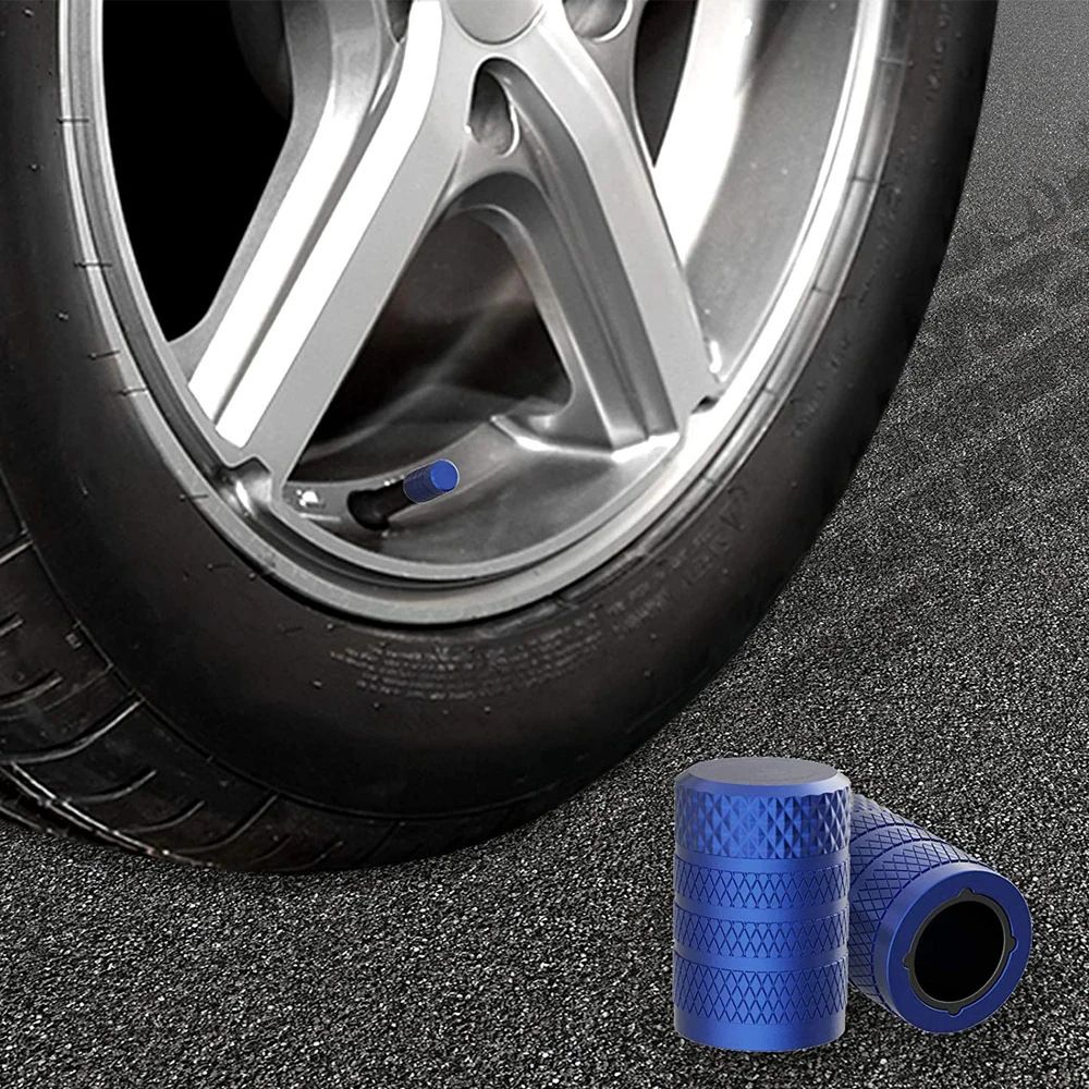 4-Pack Blue Aluminum Car Tyre Valve Stem Caps - Heavy Duty Dustproof Air Valve Covers with Internal Anti-Seize Plastic Lining for Cars SUVs Trucks