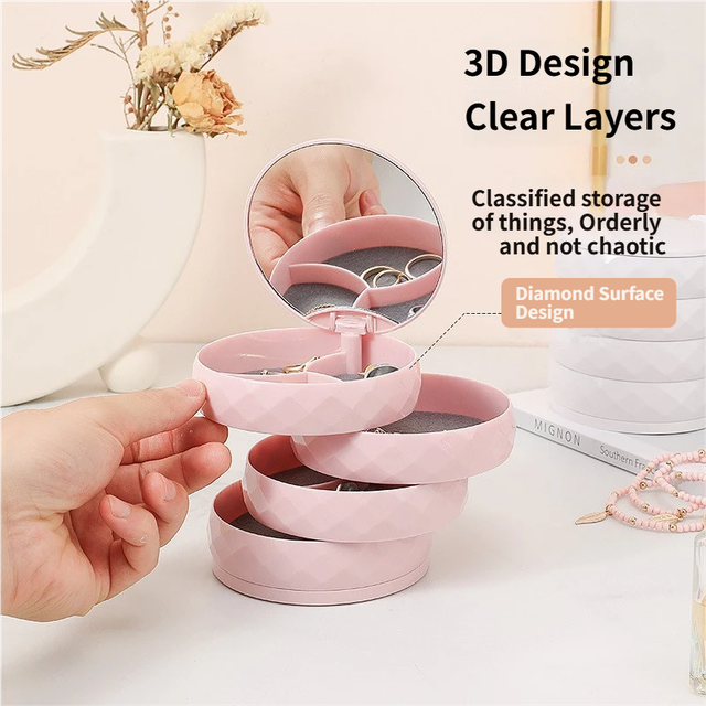 2-Pack 4-Tier Rotating Jewelry Organizer Box with Adjustable Mirror & Diamond Cut Design – Compact 360° Swivel Earring Stud Necklace Storage Box for Vanity Countertop, 10 x 10cm, Pink