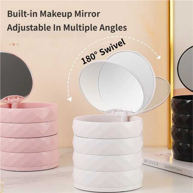 2-Pack 4-Tier Rotating Jewelry Organizer Box with Adjustable Mirror & Diamond Cut Design – Compact 360° Swivel Earring Stud Necklace Storage Box for Vanity Countertop, 10 x 10cm, White