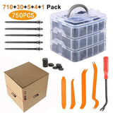 Boxed 710Pcs Heavy Duty Car Retainer Clips Kit with 4Pcs Fastener Removal Tools, 5Pcs Reusable Cable Ties and Metal Pliers  – 16 Most Popular Sizes Push Pin Rivets Assortment for Automotive Bumper Fender Side Skirt
