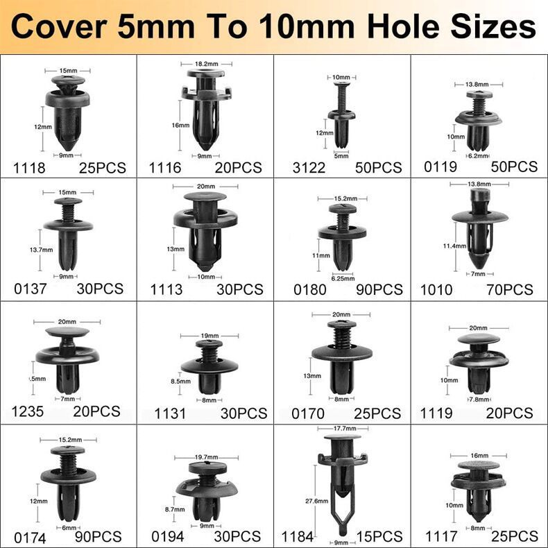 Boxed 710Pcs Heavy Duty Car Retainer Clips Kit with 4Pcs Fastener Removal Tools, 5Pcs Reusable Cable Ties and Metal Pliers  – 16 Most Popular Sizes Push Pin Rivets Assortment for Automotive Bumper Fender Side Skirt