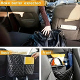 Multifunctional Quilted Leather Car Between-Seat Organizer with Adjustable Buckles and Armrest Box Support – Large Capacity Car Interior Pocket for Handbags Phones Drinks - 45-Degree Angle
