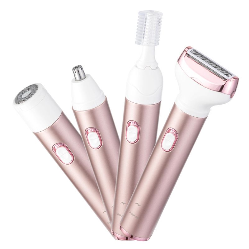 4-in-1 Rose Gold Electric Women's Shaver and Trimmer Kit – Waterproof Wet & Dry Epilator for Bikini Line, Underarms, Eyebrows and Nose Hair
