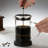 350ML Premium Dual-Layer Borosilicate Glass French Press Coffee Maker with 304 Stainless Steel Lid – High-Density 3D Filter Mesh Cafetiere, Manual Milk Frother and Tea Infuser Pot - Close-Up Angle