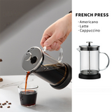 1000ML Premium Dual-Layer Borosilicate Glass French Press Coffee Maker with 304 Stainless Steel Lid – High-Density 3D Filter Mesh Cafetiere, Manual Milk Frother and Tea Infuser Pot - Front View