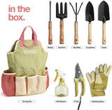 Premium 9-Piece Carbon Steel Garden Tool Set with Organizer Tote Bag – Heavy Duty Gardening Hand Kit with Ergonomic Wooden Handles, Spray Bottle, and Protective Gloves, Perfect Horticulture Gift for Women - Front View