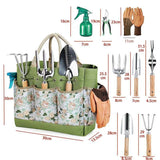 Premium 9-Piece Stainless Steel Garden Tool Set with Durable Storage Tote Bag – Heavy Duty Gardening Hand Kit with Ergonomic Wooden Handles, Pruning Shears and Spray Bottle - Top-Down View