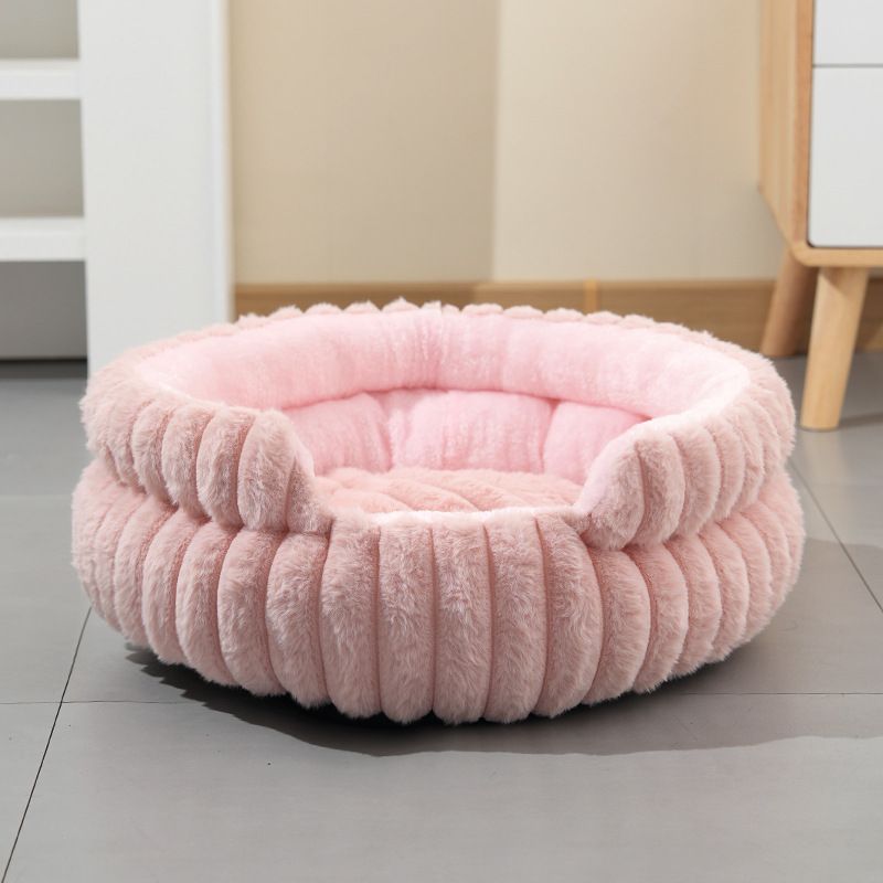Pink Plush Round Pet Bed with Gap Entry & Removable Cushion S Size - Thickened Warm Anti Slip Cats and Dogs Donut Nest for All Seasons, Cozy and Soft Sleeping Bed for Home Use, L Size 60*60*15CM