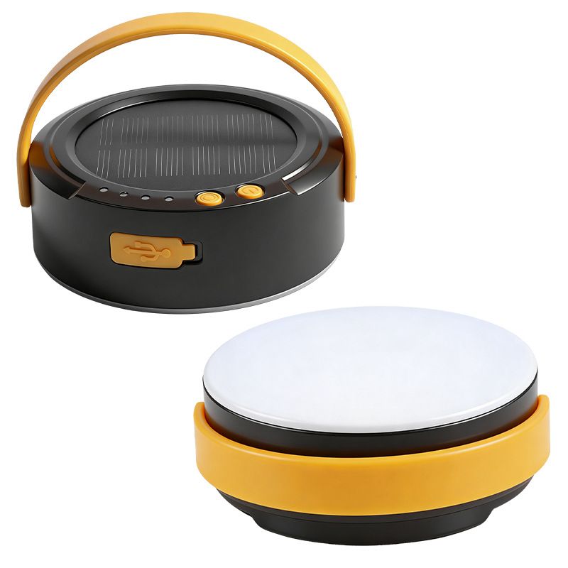 LY20 Black and Yellow Compact Solar Camping Lantern for Home Travel Use, Outdoor LED Emergency Tent Lamp and Hanging Light - 4 Lighting Modes and 3 Levels Brightness Adjustment, LED Power Display, Solar & USB-C Dual Charging (2 Pack)