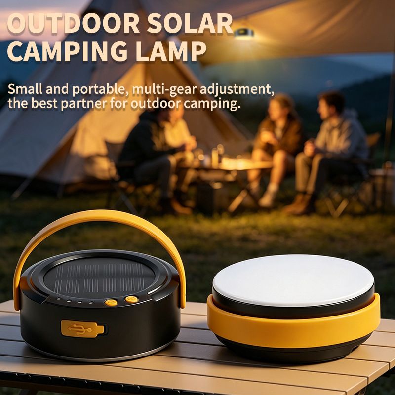 LY20 Black and Yellow Compact Solar Camping Lantern for Home Travel Use, Outdoor LED Emergency Tent Lamp and Hanging Light - 4 Lighting Modes and 3 Levels Brightness Adjustment, LED Power Display, Solar & USB-C Dual Charging (2 Pack)