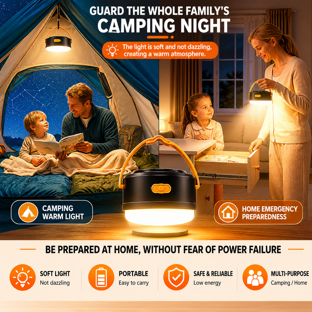 LY20 Black and Yellow Compact Solar Camping Lantern for Home Travel Use, Outdoor LED Emergency Tent Lamp and Hanging Light - 4 Lighting Modes and 3 Levels Brightness Adjustment, LED Power Display, Solar & USB-C Dual Charging (2 Pack)