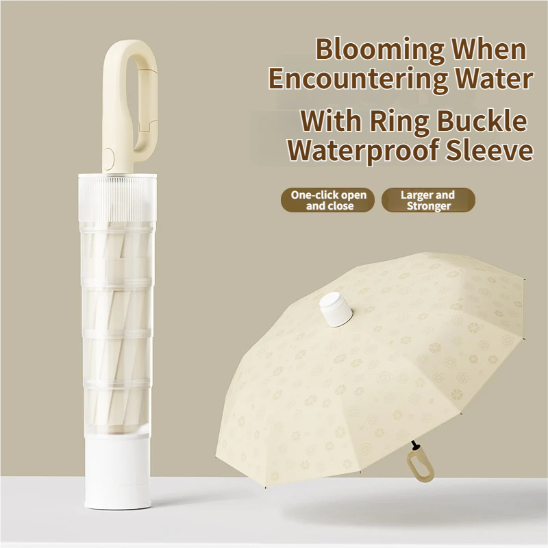 Beige Foldable Automatic Open Umbrella with Retractable Waterproof Sleeve, Clip Handle and Winproof Dual Rib - Lightweight Rain Sun Umbrella, Large Diameter 105cm, Compact 37cm Storage, Flower Pattern Appears When Wet