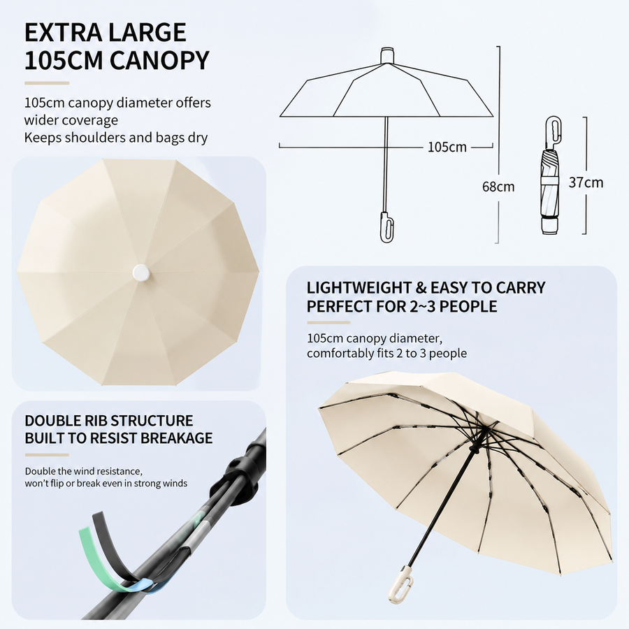 Skin Red Foldable Automatic Open Umbrella with Retractable Waterproof Sleeve, Clip Handle and Winproof Dual Rib - Lightweight Rain Sun Umbrella, Large Diameter 105cm, Compact 37cm Storage, Flower Pattern Appears When Wet