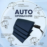 46 inch Black Windproof Automatic Travel Folding Umbrella and Black Absorbent Hanging Storage Pouch Set – Compact 3-Fold Auto Open Close Umbrella wth Double Canopy and 10 Reinforced Ribs for Rain & Sun Outdoor Use