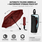 46 inch Wine Red Windproof Automatic Travel Folding Umbrella and Black Absorbent Hanging Storage Pouch Set – Compact 3-Fold Auto Open Close Umbrella wth Double Canopy and 10 Reinforced Ribs for Rain & Sun Outdoor Use