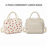 2-Pack Strawberry & Beige Floral Print Soft Corduroy Insulated Lunch Bag for Women and Students - Large Capacity Thermal Lunch Tote with Shoulder Strap, Front Zip Pocket and Side Bottle Holder 11.4 x 9 6.7 inch