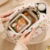 2-Pack Strawberry & Beige Floral Print Soft Corduroy Insulated Lunch Bag for Women and Students - Large Capacity Thermal Lunch Tote with Shoulder Strap, Front Zip Pocket and Side Bottle Holder 11.4 x 9 6.7 inch - Front View