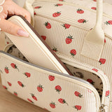 2-Pack Strawberry & Beige Floral Print Soft Corduroy Insulated Lunch Bag for Women and Students - Large Capacity Thermal Lunch Tote with Shoulder Strap, Front Zip Pocket and Side Bottle Holder 11.4 x 9 6.7 inch - Side View
